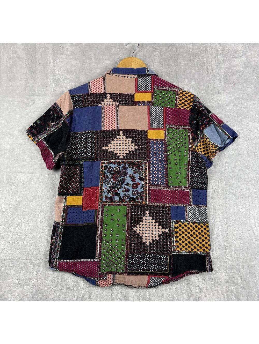 Vintage Patchwork Abstract Casual Button Up Shirt Colorblock Festival Top Size M - Picture 2 of 8